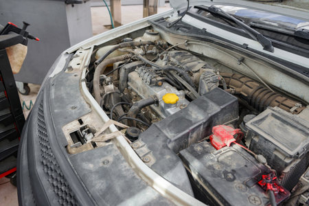 Automobile Engine close up. Repair and maintenance of the car engine in the service.