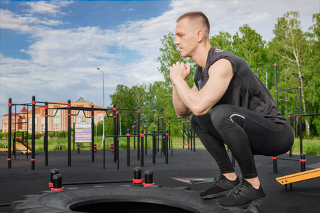 Attractive athletic man jumping on a huge tire at, copy space