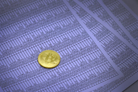 coin bitcoin lies on sheets with figures in tablesの写真素材