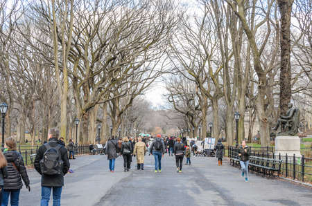 People Walking and Jogging Through the Bare Trees in Central Park, Manhattan, New York City, USAのeditorial素材