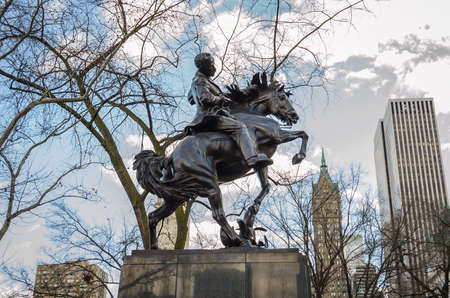 Equestrian Statue of Jose Marti Riding his Horse in Central Park with Skyscrepers in Background. Manhattan, New York City, USAのeditorial素材