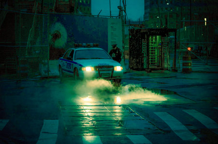 Police Vehicle with its Headlights Shed Light on Steam Coming from the Sewers in Lower Manhattan,...