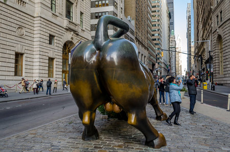 Charging Bull Bronze Sculpture. Bull of Wall Street Back in Financial District, Lower Manhattan, New York City, USAのeditorial素材
