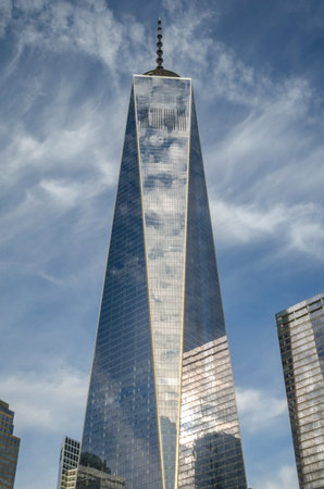 Low Angle View of Freedom Tower and Other Skyscrapers in Financial District, Lower Manhattan, New York City, USA. Bright Blue Sky in Backgroundのeditorial素材