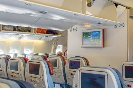 Turkish Airlines Airbus Airplane Economy Class Cabin Interior. All Seats House Screens. Ready for a Transatlantic Flight.のeditorial素材