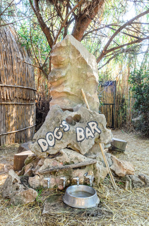 Dog 's Bar in an Outdoor Summer Bar.  Stone Construction with Faucets and a Metallic Bowl Full of Water, so can Pets can Drink.の写真素材