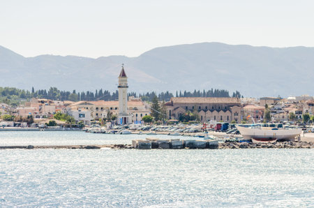 Panoramic View of the Harbor of Zante Island, Greece. Old Venetian Î’elfry and Buildings in...