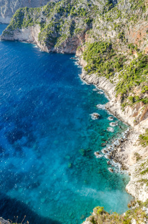 Aerial Zante Island Rugged Coastline, Zakynthos, Greece. Beautiful Seascape with Deep Blue and Turquoise Waters.の写真素材