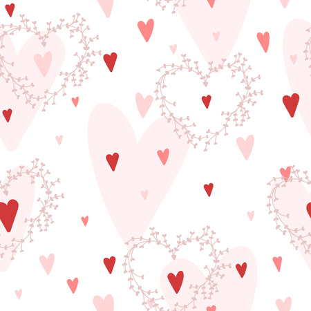 Vector seamless pattern with hearts different shades of red and hand drawn wreathes, good for wedding invitations and valentines day cardsのイラスト素材