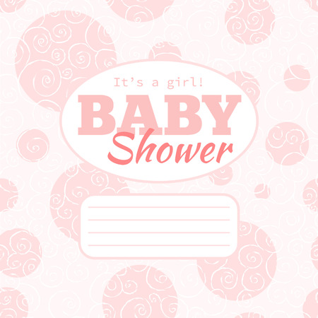 Vector pink baby shower party invitation (baby girl) with doodled swirles and empty space for text. Background is seamless pattern, may be used separately for other printed works.のイラスト素材
