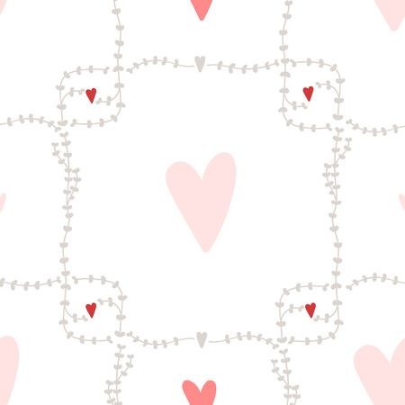 Vector seamless pattern with square wreath elements and hearts. Good for wedding invitations and valentines day cards.のイラスト素材