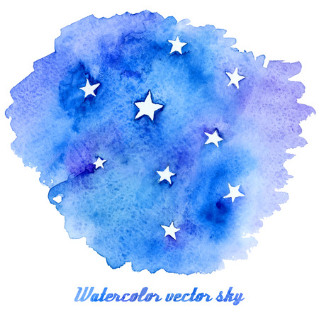 Vector abstract watercolor background with paper texture. Hand drawn night sky with stars, stain watercolors colors on wet paper. Good for invitations, scrapbooking,etcのイラスト素材