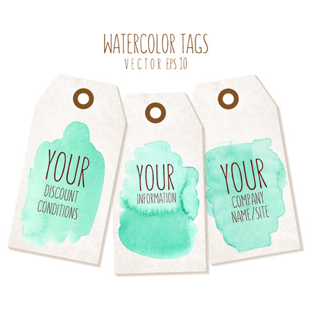 Set of hand drawn tags with watercolor background.  のイラスト素材