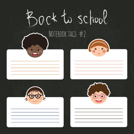 Vector set of funny school tags for notebooks with chlidren's smiling faces. Boys and girls with different color skin, hairstyles, braces and glasses.のイラスト素材