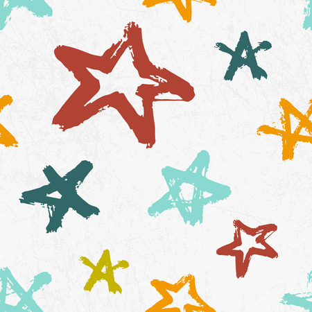 Vector seamless childish pattern with hand drawn stars. Grunge style, shabby street art imitation. Vintage old paper texture.のイラスト素材