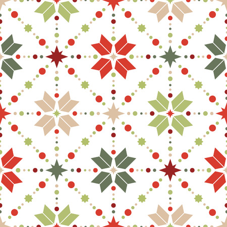 Vector seamless pattern of geometric snowflakes. Nordic pattern in Christmas traditional colors.のイラスト素材