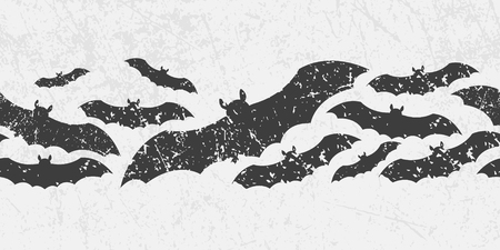Vector seamless Halloween border with scary symbols -  black bats. Grunge style, shabby imitation.のイラスト素材