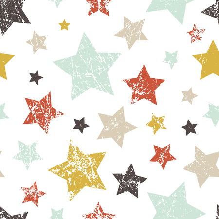 Vector seamless childish pattern with stars. Grunge style, shabby street art imitation. Vintage old paper texture.のイラスト素材