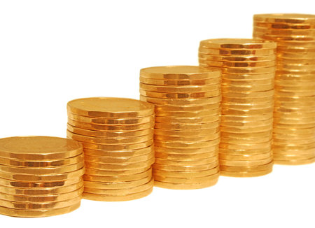 golden steps leading up, made of stacks of dollar coins in increasing height 