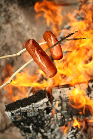 camping in the wild - two smoked barbecue sausages on sticks held over the campfireの写真素材