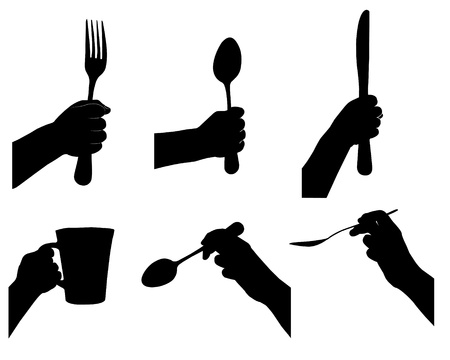 kitchen tools in hand silhouette vectors set.のイラスト素材