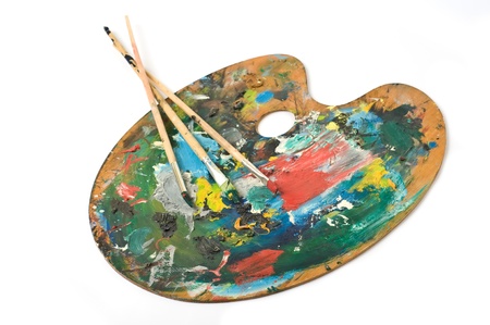 artist's palette with colorful paint and brushes.の写真素材