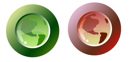 conceptual ecological image of green and red buttons as symbol of clean and poluted planetのイラスト素材
