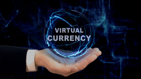 Painted hand shows concept hologram Virtual currency on his hand. Drawn man in business suit with...