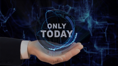Painted hand shows concept hologram Only today on his hand. Drawn man in business suit with future technology screen and modern cosmic backgroundの写真素材