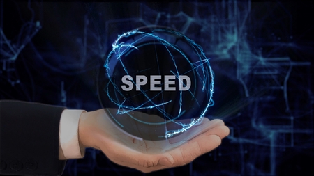 Painted hand shows concept hologram Speed on his hand. Drawn man in business suit with future technology screen and modern cosmic backgroundの写真素材