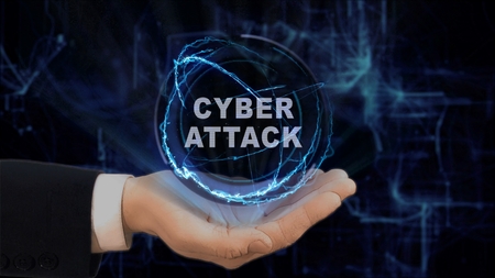 Painted hand shows concept hologram Cyber attack on his hand. Drawn man in business suit with future technology screen and modern cosmic backgroundの写真素材