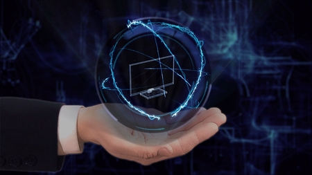 Painted hand shows concept hologram 3d TV on his hand. Drawn man in business suit with future technology screen and modern cosmic backgroundの写真素材