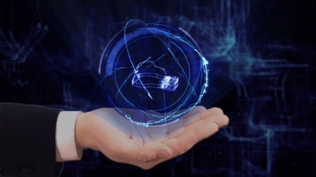 Painted hand shows concept hologram 3d VR headset on his hand. Drawn man in business suit with future technology screen and modern cosmic backgroundの写真素材