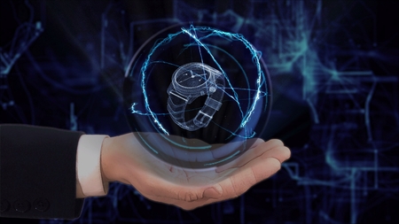 Painted hand shows concept hologram 3d watch on his hand. Drawn man in business suit with future technology screen and modern cosmic backgroundの写真素材