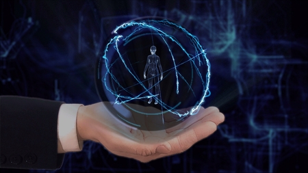 Painted hand shows concept hologram 3d woman on his hand. Drawn man in business suit with future technology screen and modern cosmic backgroundの写真素材