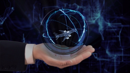 Painted hand shows concept hologram 3d plane on his hand. Drawn man in business suit with future technology screen and modern cosmic backgroundの写真素材
