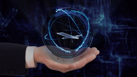 Painted hand shows concept hologram 3d jet on his hand. Drawn man in business suit with future technology screen and modern cosmic backgroundの写真素材