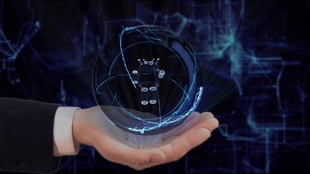 Painted hand shows concept hologram 3d robot on his hand. Drawn man in business suit with future technology screen and modern cosmic backgroundの写真素材
