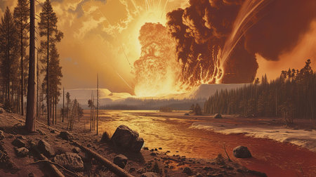The Yellowstone volcanic eruption volcano erupted and spewed molten lava into the atmosphere with force. Generated by AIの素材