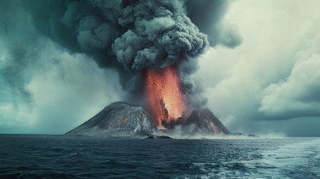 The Krakatoa volcano erupted and spewed molten lava into the atmosphere with force. Generated by AIの素材
