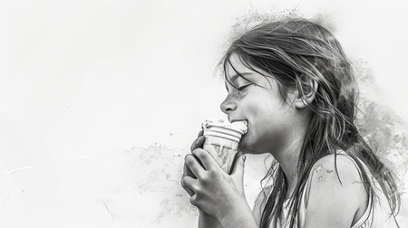 White background, monochrome photo 12-year-old girl eating ice cream. Generated by AIの素材
