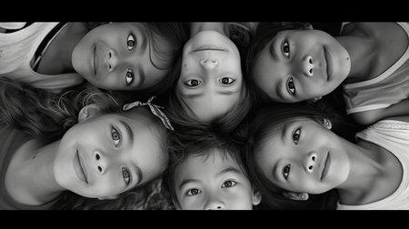 Many children boys and girls lying on the ground and looking at the camera monochrome photo. Generated A.I.の素材