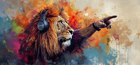 On a brightly colored background, a lion wearing headphones points his finger. Generated AIの素材