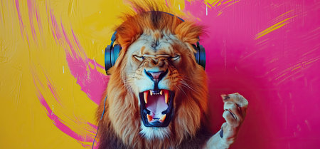 A lion wearing headphones is pointing his finger against a bright background. Generated A.I.の素材