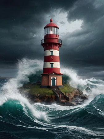 Guiding light in the tempest: red lighthouse amongst raging waves. Generated AI.の素材
