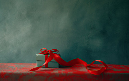 Thoughtful gift display red ribbon-wrapped box sits on colorful fabric background. Generated A.I.の素材
