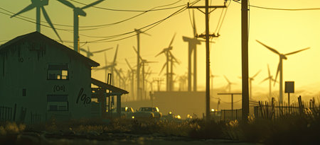 The house stands in the middle of a field of wind turbines. Generated A.I.の素材
