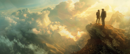 The top of a mountain with two people standing on it. Generated AI.の素材