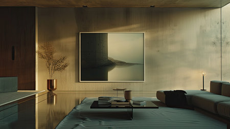 Cozy minimalist interior stylish yet simple furnishings create a relaxed atmosphere. Generated AIの素材