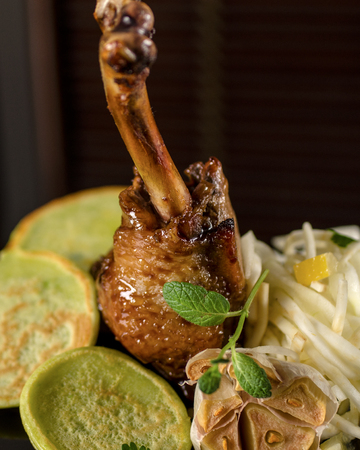 Duck with garlic and spinach pancakesの写真素材